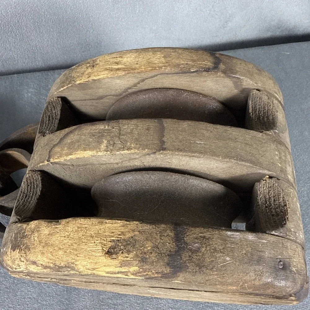 Antique Vintage DOUBLE BLOCK & Tackle Pulley‎ Hook Wood Primitive